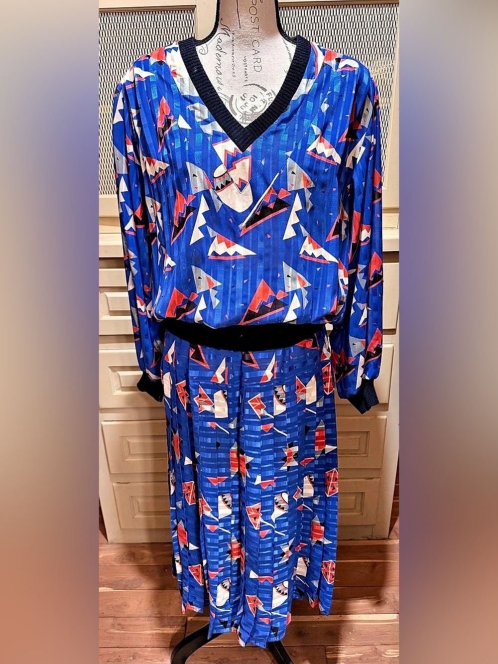 VTG 80s Mosaic Abstract Geometric Georgette Blouse & Pleated Skirt Set